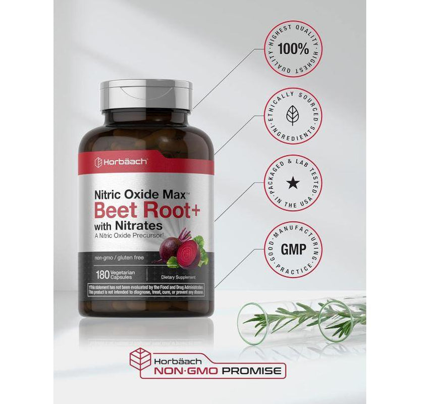 Horbäach Nitric Oxide Beet Root Capsules | 180 Count | with Nitrates and Precursor | for Men and Women | Vegetarian, Non-Gmo, Gluten Free Supplement