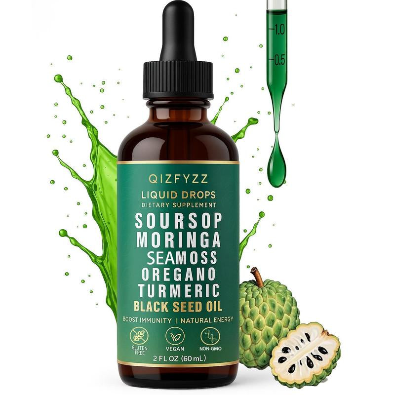 Soursop Bitters Liquid Drops 10-In-1 with Nori, Moringa, Turmeric, Black Seed Oil, Oregano, Ashwagandha | Herbal Extracts for Overall Health | Vegan, Non-Gmo | 2 Fl Oz