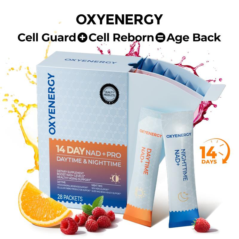OXYENERGY 14-Day NAD+ PRO 24/7 Anti-Aging – Day & Night Cellular Activation Powder | NR + PQQ | L-Ergothioneine+Spermidine | Beet Root | Boost Energy, Sleep, Skin, Brain & Longevity，Teasty Natural Orange and Berry Flavor,28 Packets
