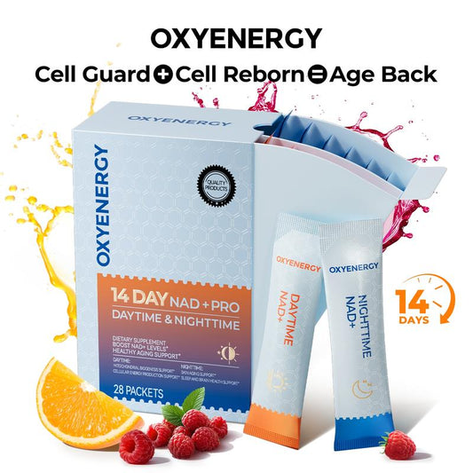 OXYENERGY 14-Day NAD+ PRO 24/7 Anti-Aging – Day & Night Cellular Activation Powder | NR + PQQ | L-Ergothioneine+Spermidine | Beet Root | Boost Energy, Sleep, Skin, Brain & Longevity，Teasty Natural Orange and Berry Flavor,28 Packets