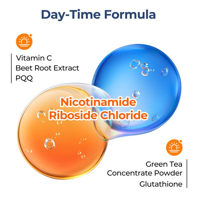 OXYENERGY 14-Day NAD+ PRO 24/7 Anti-Aging – Day & Night Cellular Activation Powder | NR + PQQ | L-Ergothioneine+Spermidine | Beet Root | Boost Energy, Sleep, Skin, Brain & Longevity，Teasty Natural Orange and Berry Flavor,28 Packets