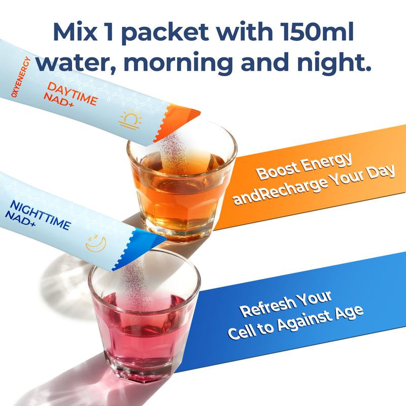 OXYENERGY 14-Day NAD+ PRO 24/7 Anti-Aging – Day & Night Cellular Activation Powder | NR + PQQ | L-Ergothioneine+Spermidine | Beet Root | Boost Energy, Sleep, Skin, Brain & Longevity，Teasty Natural Orange and Berry Flavor,28 Packets