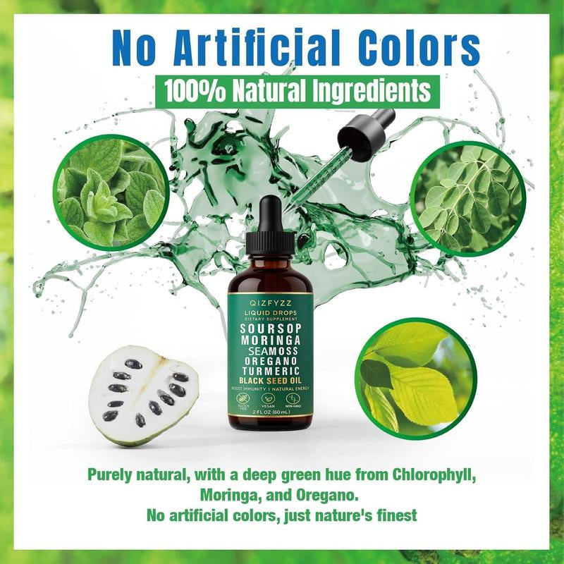 Soursop Bitters Liquid Drops 10-In-1 with Nori, Moringa, Turmeric, Black Seed Oil, Oregano, Ashwagandha | Herbal Extracts for Overall Health | Vegan, Non-Gmo | 2 Fl Oz