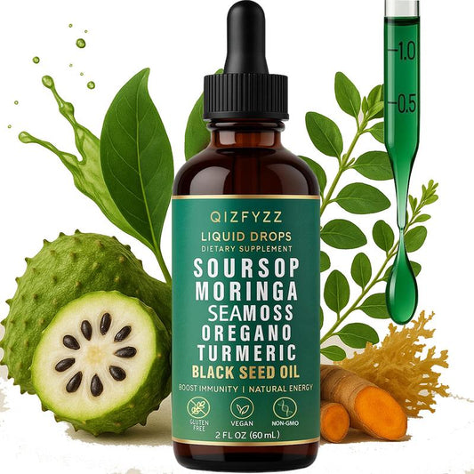 Soursop Bitters Liquid Drops 10-In-1 with Nori, Moringa, Turmeric, Black Seed Oil, Oregano, Ashwagandha | Herbal Extracts for Overall Health | Vegan, Non-Gmo | 2 Fl Oz