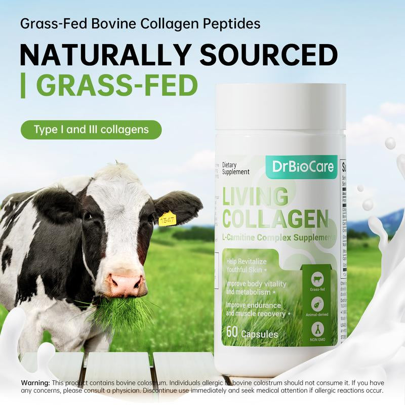 Drbiocare Living Collagen L-Carnitine Complex Supplement, Non-Gmo, Grass Fed Bovine Collagen Peptides, Bovine Colostrum, Cinnamon Extract, Mulberry Leaf Extract