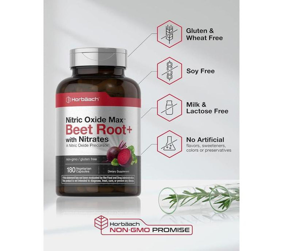 Horbäach Nitric Oxide Beet Root Capsules | 180 Count | with Nitrates and Precursor | for Men and Women | Vegetarian, Non-Gmo, Gluten Free Supplement