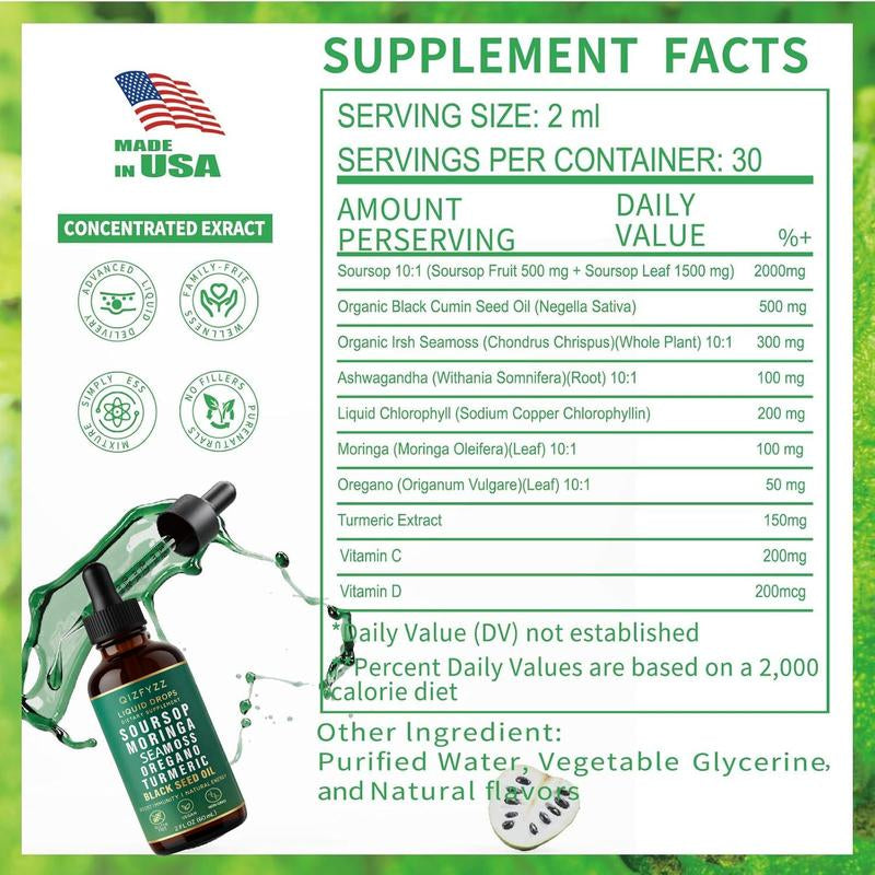 Soursop Bitters Liquid Drops 10-In-1 with Nori, Moringa, Turmeric, Black Seed Oil, Oregano, Ashwagandha | Herbal Extracts for Overall Health | Vegan, Non-Gmo | 2 Fl Oz