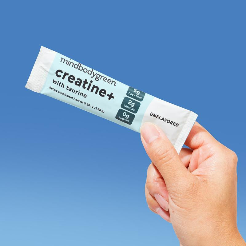 Mindbodygreen Creatine+ with Taurine Drink Mixes - Pre Workout Supplement for Women - Unflavored, 5G Creatine, 2G Taurine, 0G Sugar - Build Lean Muscle, Tone, Strength, Mental Clarity, Anti-Inflammatory Balance - Dietary