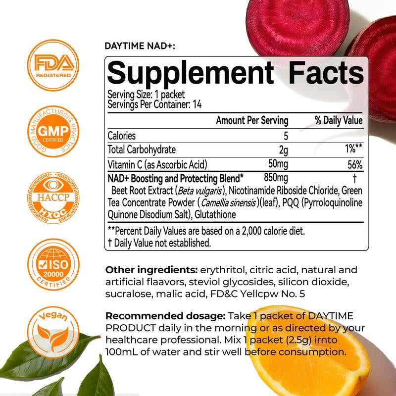 OXYENERGY 14-Day NAD+ PRO 24/7 Anti-Aging – Day & Night Cellular Activation Powder | NR + PQQ | L-Ergothioneine+Spermidine | Beet Root | Boost Energy, Sleep, Skin, Brain & Longevity，Teasty Natural Orange and Berry Flavor,28 Packets