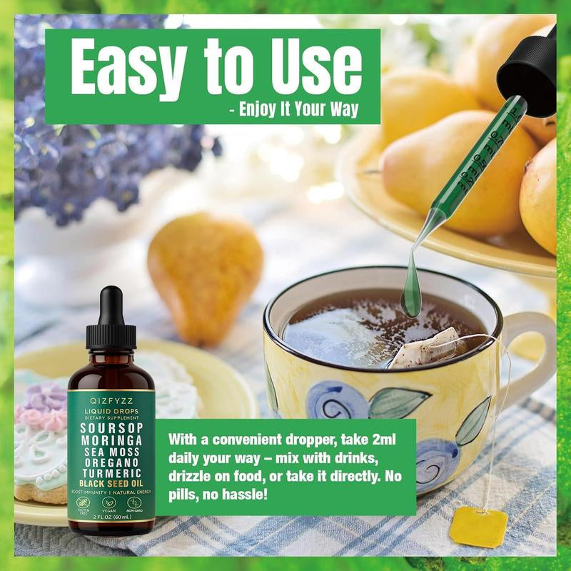 Soursop Bitters Liquid Drops 10-In-1 with Nori, Moringa, Turmeric, Black Seed Oil, Oregano, Ashwagandha | Herbal Extracts for Overall Health | Vegan, Non-Gmo | 2 Fl Oz