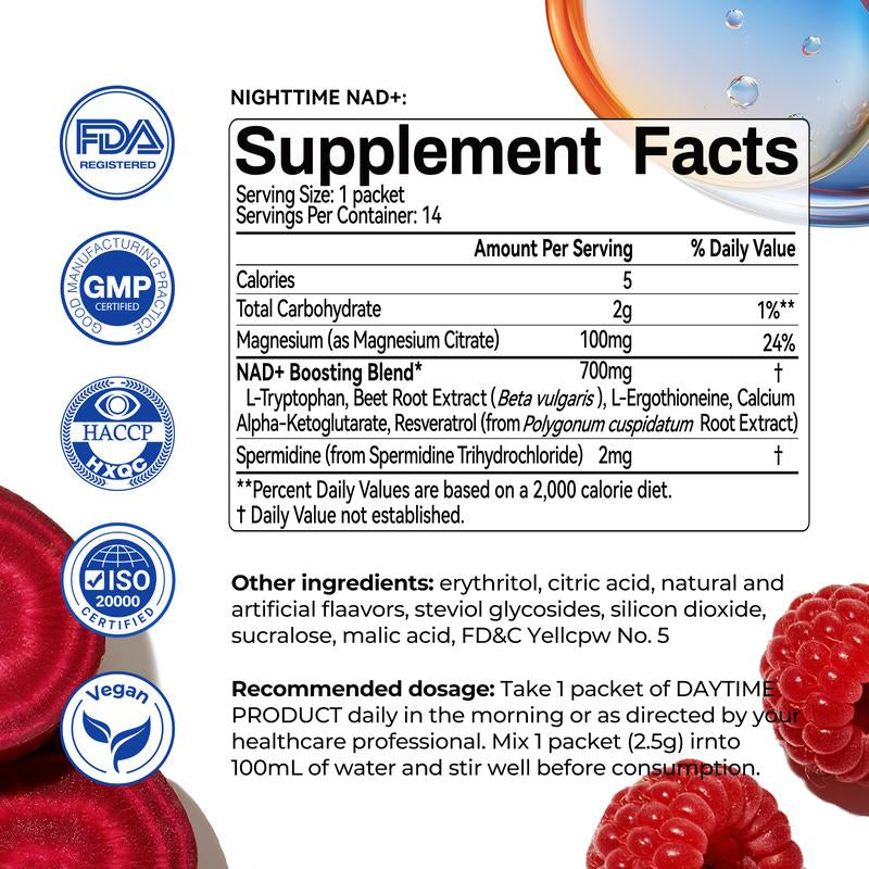 OXYENERGY 14-Day NAD+ PRO 24/7 Anti-Aging – Day & Night Cellular Activation Powder | NR + PQQ | L-Ergothioneine+Spermidine | Beet Root | Boost Energy, Sleep, Skin, Brain & Longevity，Teasty Natural Orange and Berry Flavor,28 Packets