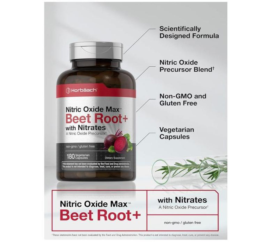 Horbäach Nitric Oxide Beet Root Capsules | 180 Count | with Nitrates and Precursor | for Men and Women | Vegetarian, Non-Gmo, Gluten Free Supplement